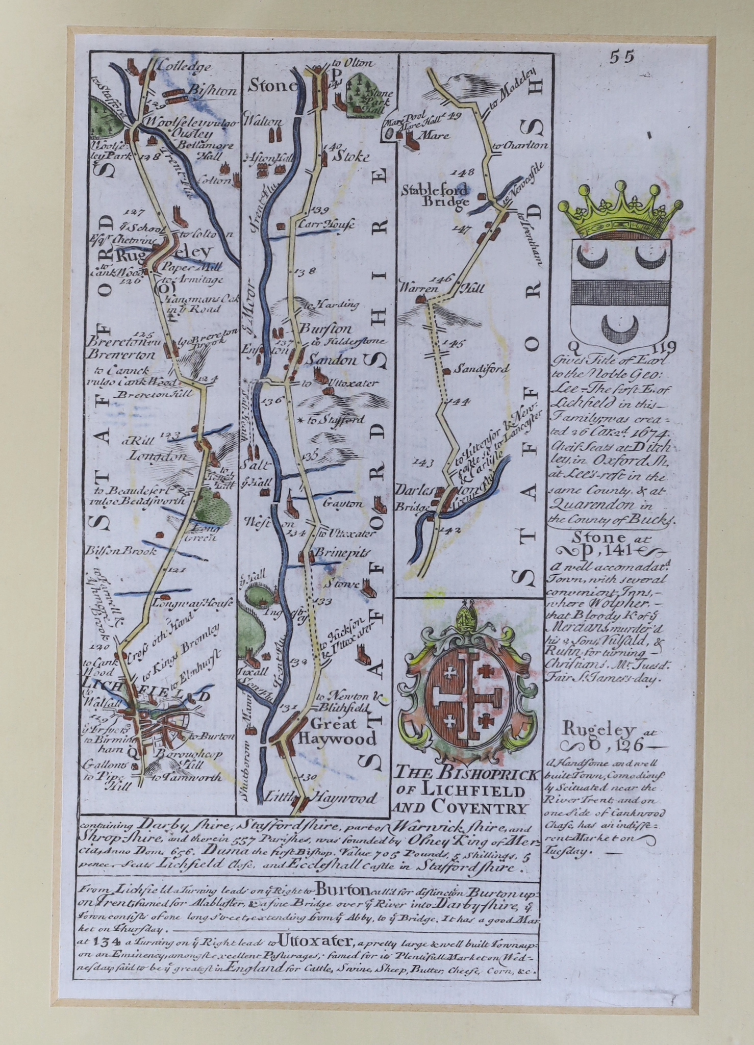 18th century English School, coloured engraving, Road map; The Bishopric of Lichfield, The Deanery of Litchfield verso, 19 x 12.5cm